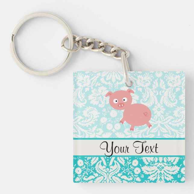 Cute Pink Pig; Teal Damask Key Ring (Front)