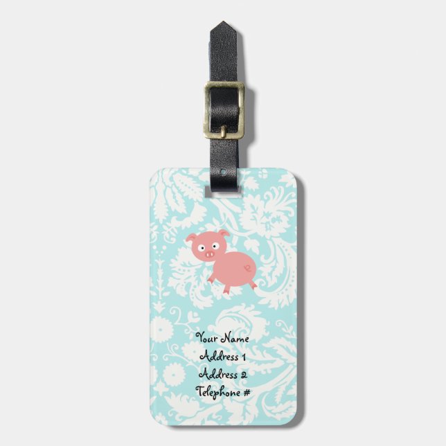 Cute Pink Pig; Teal Damask Luggage Tag (Front Vertical)