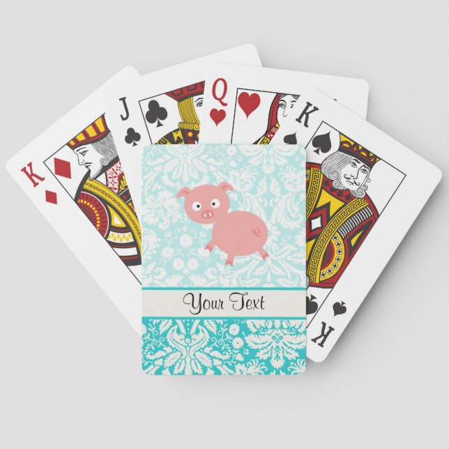 Cute Pink Pig; Teal Damask Playing Cards (Back)