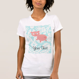 Cute Pink Pig; Teal Damask T-Shirt