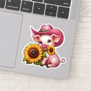 Cute Pink Pig Wearing Cowgirl Hat With Sunflowers