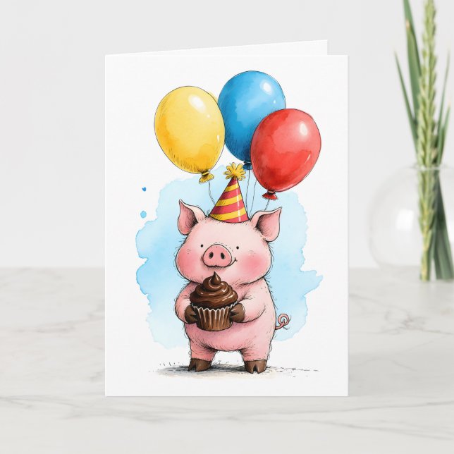 Cute Pink Pig with Cupcake Kid's Happy Birthday Card (Front)