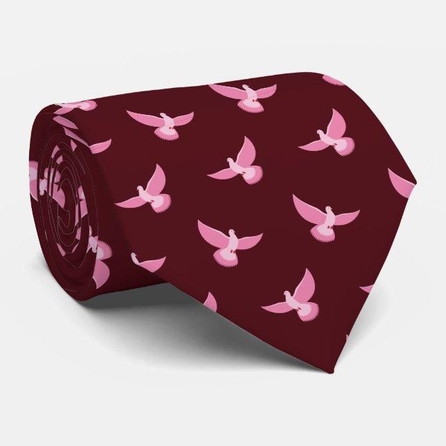 Cute Pink  Pigeon on Red Seamless Pattern  Tie (Rolled)