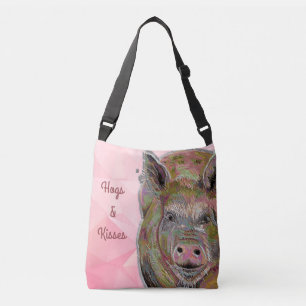 Cute Pink Piggy Hogs and Kisses Pastel Drawing Crossbody Bag