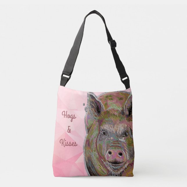Cute Pink Piggy Hogs and Kisses Pastel Drawing Crossbody Bag (Front)