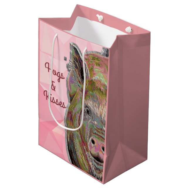 Cute Pink Piggy Hogs and Kisses Pastel Drawing Medium Gift Bag (Front Angled)