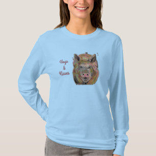 Cute Pink Piggy Hogs and Kisses Pastel Drawing T-Shirt
