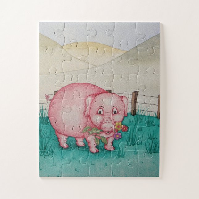 Cute pink piggy with colourful flowers farm animal jigsaw puzzle (Vertical)