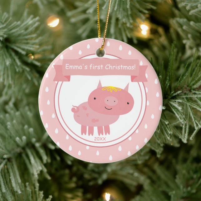 Cute Pink Piglet - Baby's First Christmas Ceramic Tree Decoration (Tree)