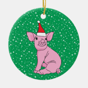 Cute Pink Piglet in Santa Hat Christmas Ceramic Tree Decoration