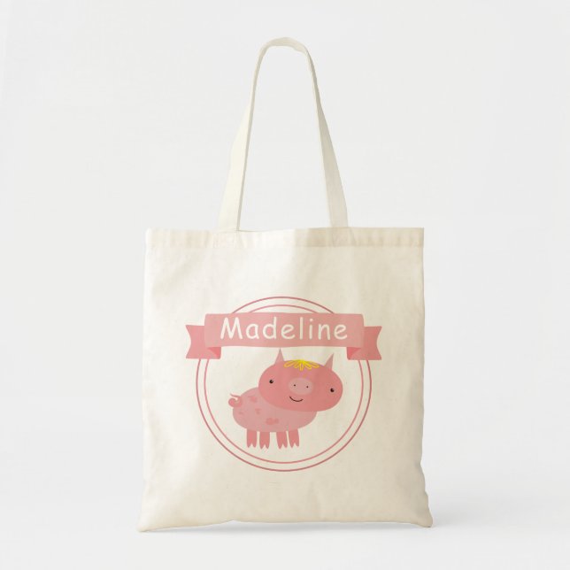 Cute Pink Piglet - Personalised Kids Tote Bag (Front)