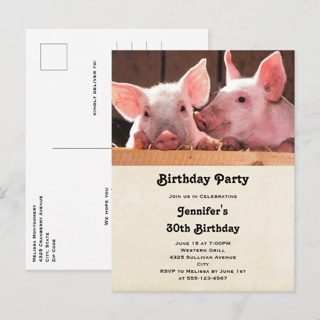 Cute Pink Piglets Animal Photo Birthday Invite (Front/Back)
