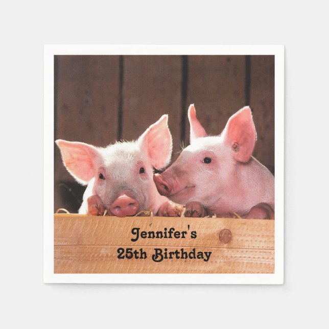 Cute Pink Piglets Animal Photograph Birthday Napkin (Front)