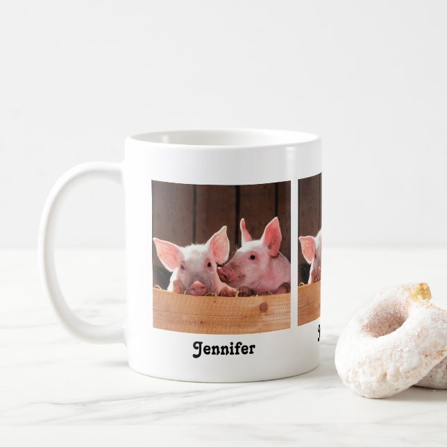 Cute Pink Piglets Animal Photograph Coffee Mug (With Donut)
