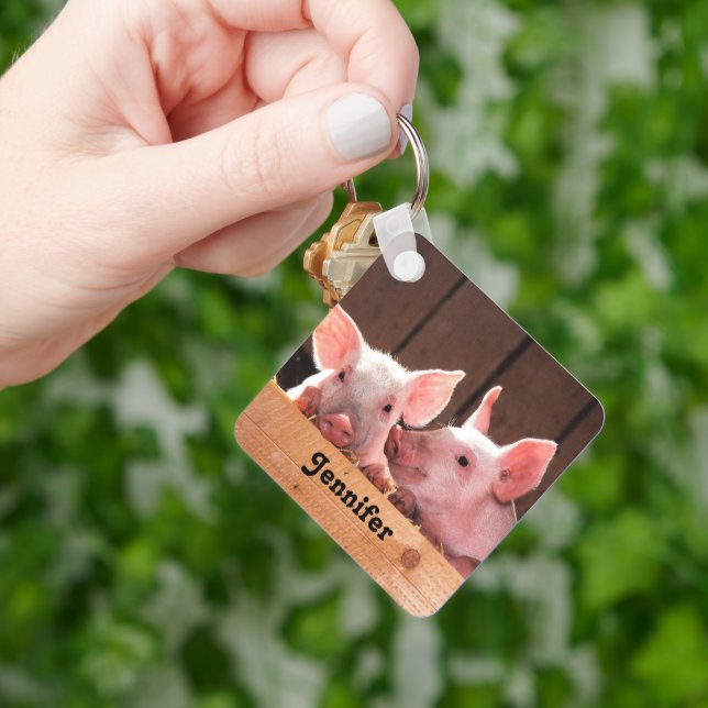 Cute Pink Piglets Animal Photograph Key Ring (Hand)