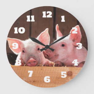 Cute Pink Piglets Animal Photograph Large Clock