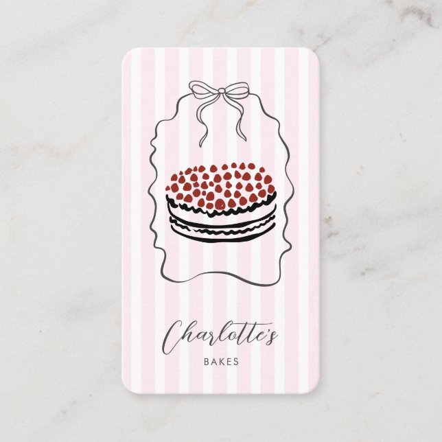 Cute Pink Pinstripe Ribbon Baker Pastry Chef  Busi Business Card (Front)
