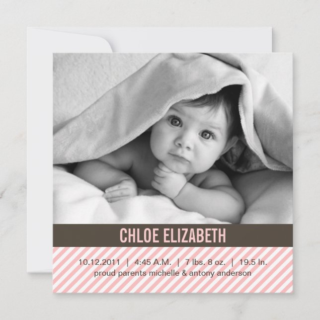 Cute Pink Pinstripes Baby Birth Announcements (Front)