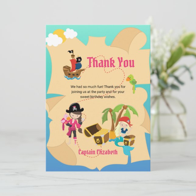 Cute Pink Pirate Girl Mermaid Treasure Map Custom Thank You Card (Standing Front)