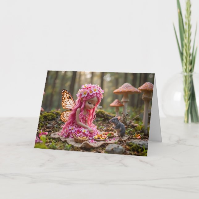 Cute Pink Pixie and Mouse Picnic Card (Front)