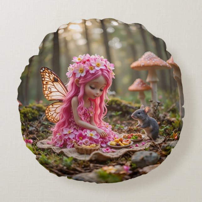 Cute Pink Pixie and Mouse Picnic Round Cushion (Front)