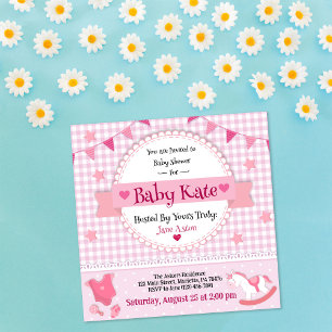 Cute Pink Plaid  Baby Girl Shower Party Invitation