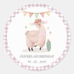 Cute Pink Plaid Cactus Boho Llama Any Age Birthday Classic Round Sticker