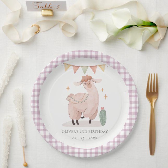Cute Pink Plaid Cactus Boho Llama Any Age Birthday Paper Plate (Wedding)
