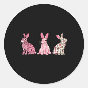 Cute Pink Plaid Leopard Flower Happy Easter Bunny Classic Round Sticker