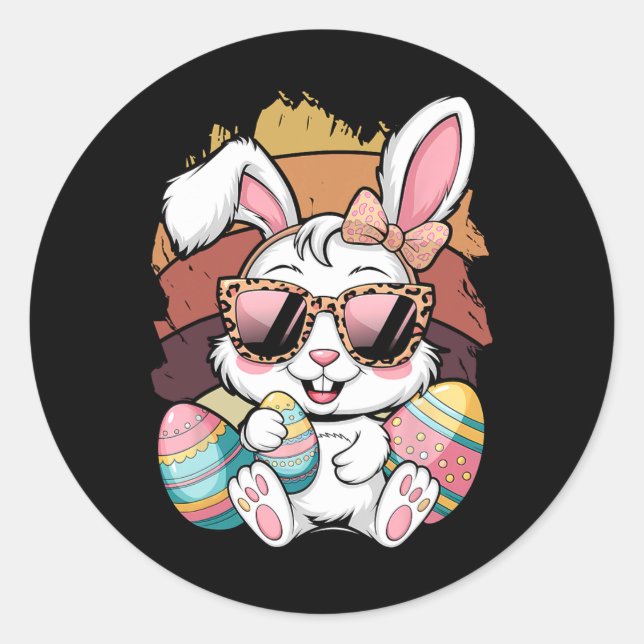 Cute Pink Plaid Pattern Easter Bunny Face Rabbit E Classic Round Sticker (Front)