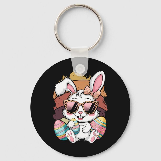 Cute Pink Plaid Pattern Easter Bunny Face Rabbit E Key Ring (Front)