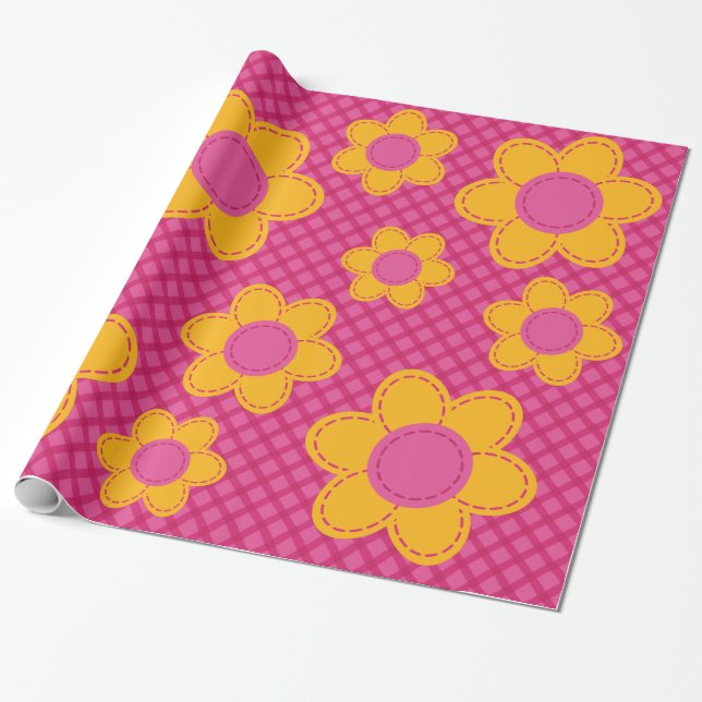 Cute pink plaid pattern stiched flower spring girl wrapping paper (Unrolled)