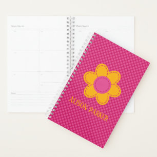 Cute pink plaid pattern stitch yellow flower name planner