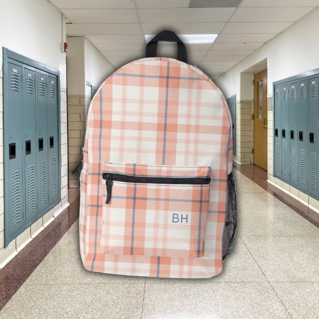 Cute Pink Plaid Tartan Check Monogram Initials Printed Backpack (Creator Uploaded)