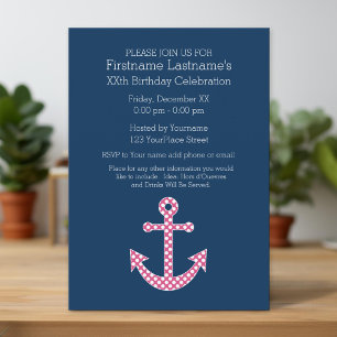 Cute Pink Polka Dot Anchor Birthday Party Invitation