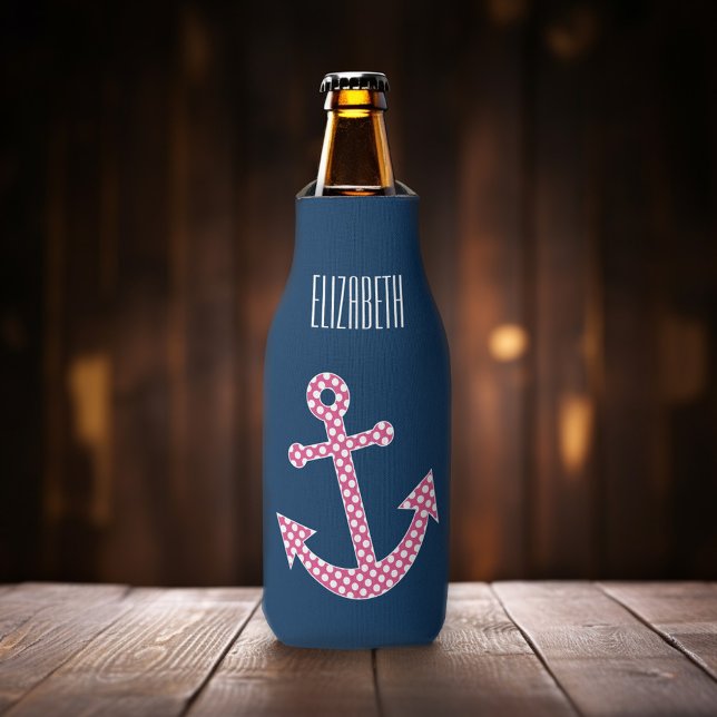 Cute Pink Polka Dot Anchor with Navy Custom Name Bottle Cooler (Pink polka dot - Personalize this bottle cooler with your monogram.)