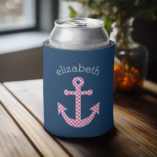 Cute Pink Polka Dot Anchor with Navy Custom Name Can Cooler (Personalized can cooler with a place to add a name or other custom text)
