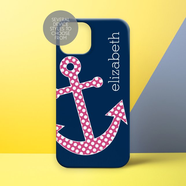 Cute Pink Polka Dot Anchor with Navy Custom Name Case-Mate iPhone Case (Personalized Phone Case - Nautical Anchor)