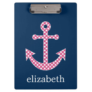 Cute Pink Polka Dot Anchor with Navy Custom Name Clipboard