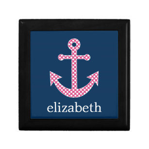 Cute Pink Polka Dot Anchor with Navy Custom Name Gift Box