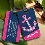 Cute Pink Polka Dot Anchor with Navy Custom Name Luggage Tag<br><div class="desc">A trendy and elegant design with dots and preppy colours plus an area to add your name or monogram.</div>