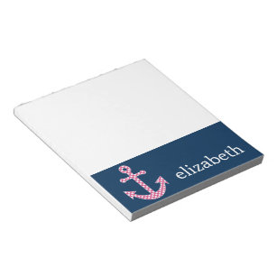 Cute Pink Polka Dot Anchor with Navy Custom Name Notepad