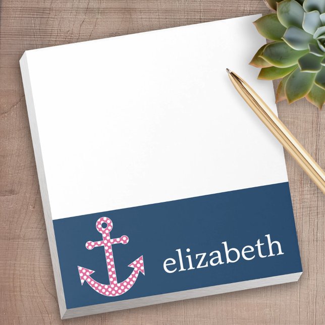Cute Pink Polka Dot Anchor with Navy Custom Name Notepad (Personalized notepad - great for a gift or your home office)