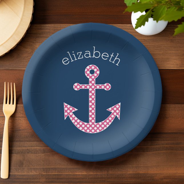 Cute Pink Polka Dot Anchor with Navy Custom Name Paper Plate (Custom Party Plates)