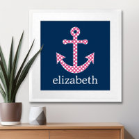 Cute Pink Polka Dot Anchor with Navy Custom Name