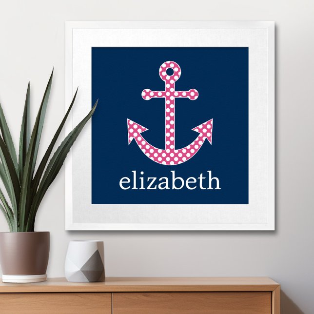 Cute Pink Polka Dot Anchor with Navy Custom Name Poster (Nautical Anchor Poster with Custom Name)