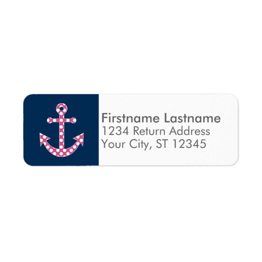 Cute Pink Polka Dot Anchor with Navy Custom Name Return Address Label