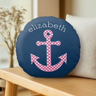 Cute Pink Polka Dot Anchor with Navy Custom Name Round Cushion