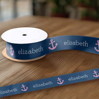 Cute Pink Polka Dot Anchor with Navy Custom Name