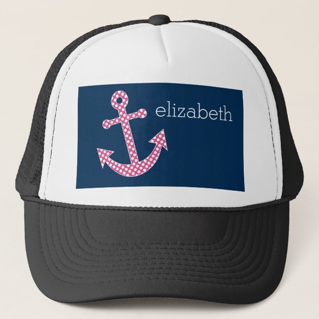 Cute Pink Polka Dot Anchor with Navy Custom Name Trucker Hat (Front)